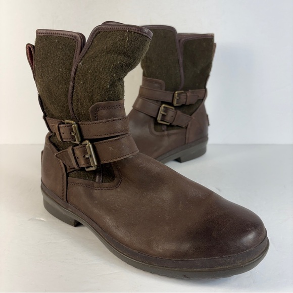 UGG Shoes - UGG Simmens Women Waterproof Brown Leather Boots - Olive Green Wool Biker Moto 8